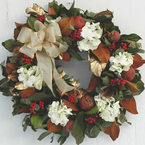 Magnolia, White Hydrangea and Pomegranate Wreath